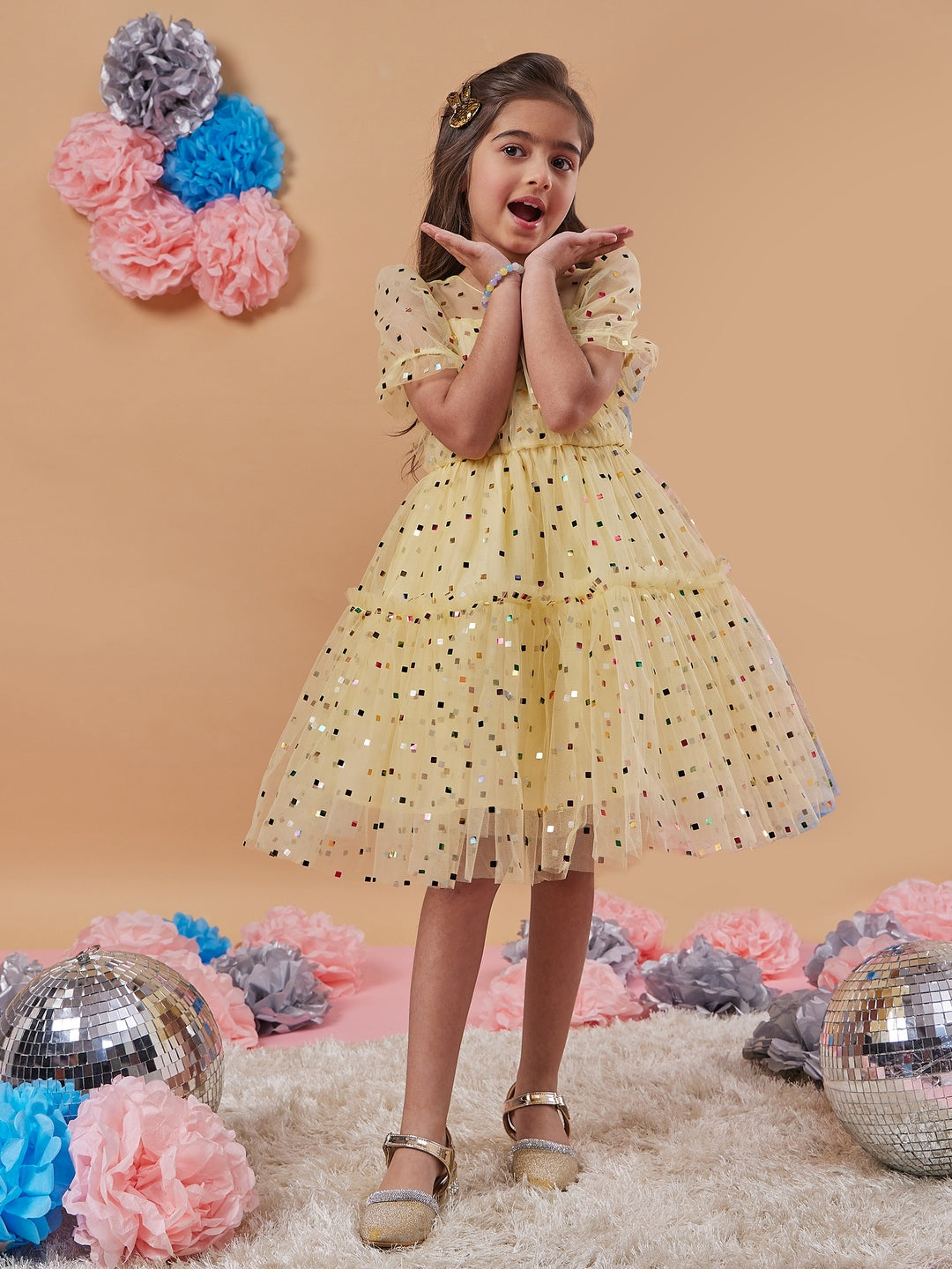 Girl's Embellished Puff Sleeves Fit Flare Dress Yellow Color Trendy Style for Any Occasion (d-yellowfoil)