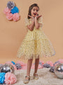 Girl's Embellished Puff Sleeves Fit Flare Dress Yellow Color Trendy Style for Any Occasion (d-yellowfoil)