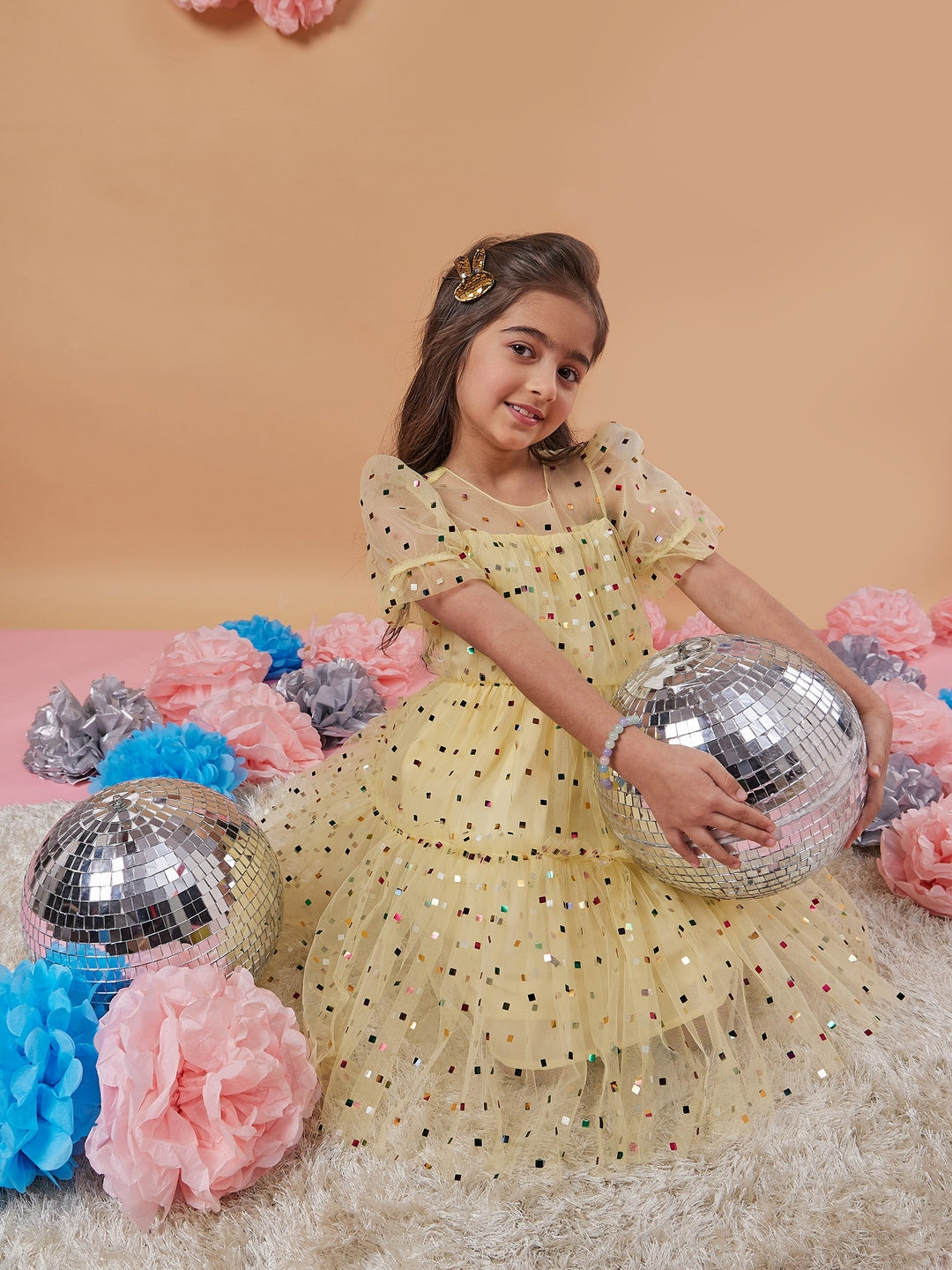 Girl's Embellished Puff Sleeves Fit Flare Dress Yellow Color Trendy Style for Any Occasion (d-yellowfoil)