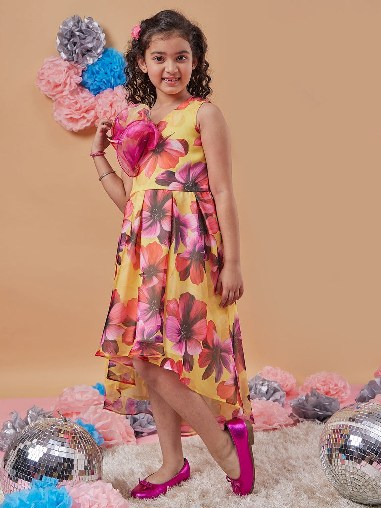 Stylish Girl's Floral Printed Fit & Flare Midi Yellow Dress Effortless Elegance for Any Occasion (d-yelloworganza)