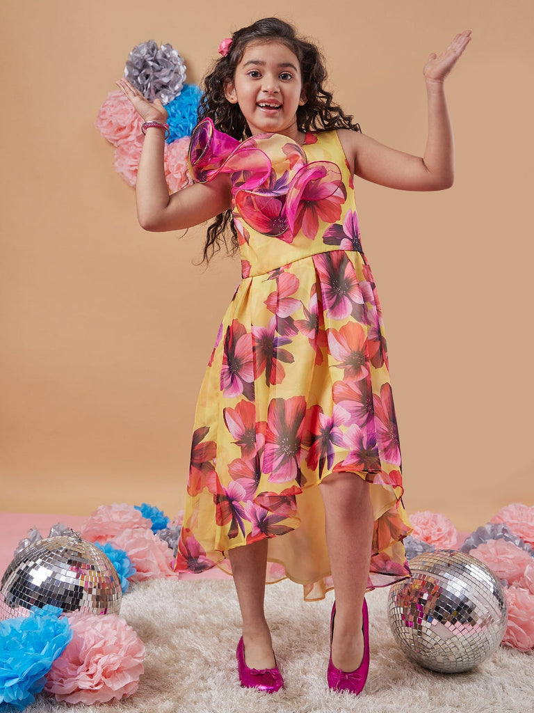 Stylish Girl's Floral Printed Fit & Flare Midi Yellow Dress Effortless Elegance for Any Occasion (d-yelloworganza)