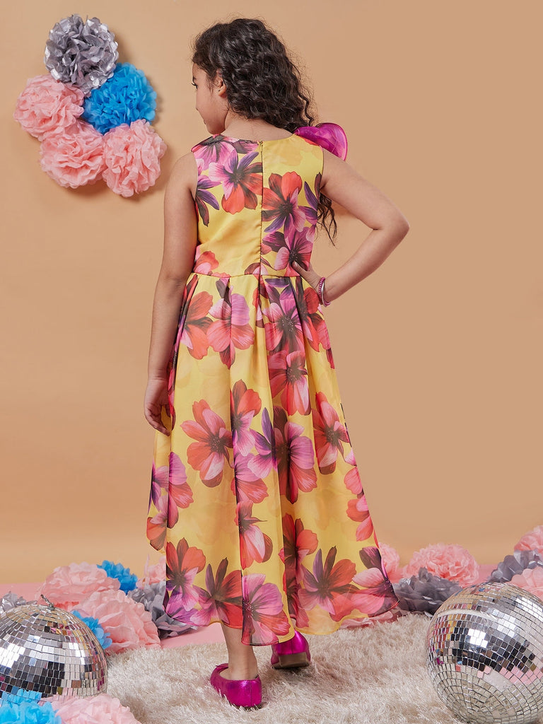 Stylish Girl's Floral Printed Fit & Flare Midi Yellow Dress Effortless Elegance for Any Occasion (d-yelloworganza)