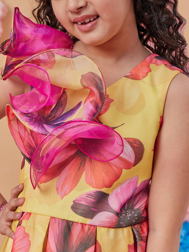 Stylish Girl's Floral Printed Fit & Flare Midi Yellow Dress Effortless Elegance for Any Occasion (d-yelloworganza)