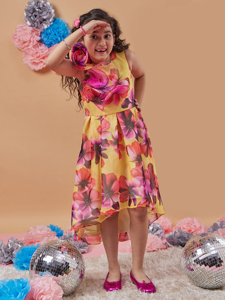 Stylish Girl's Floral Printed Fit & Flare Midi Yellow Dress Effortless Elegance for Any Occasion (d-yelloworganza)