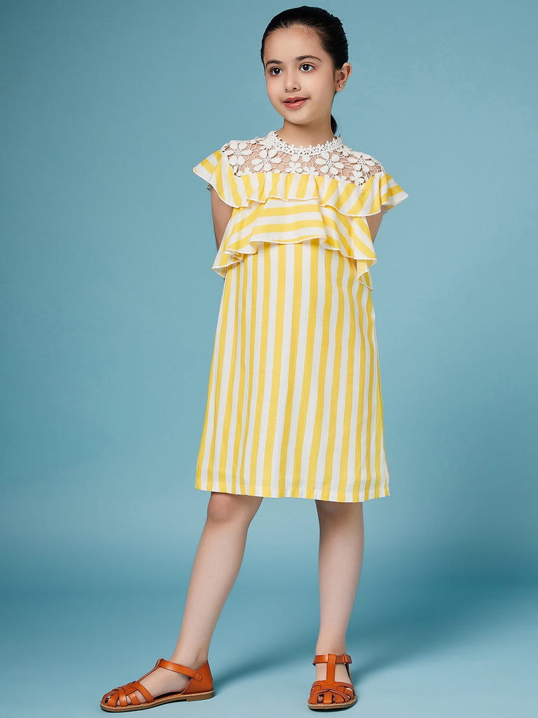 Girls Striped Ruffled Cotton A-Line Dress (d-yellowwh)