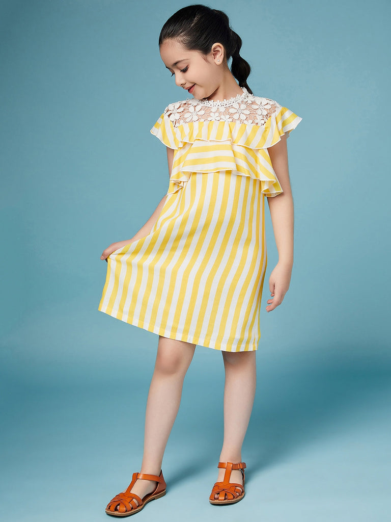 Girls Striped Ruffled Cotton A-Line Dress (d-yellowwh)