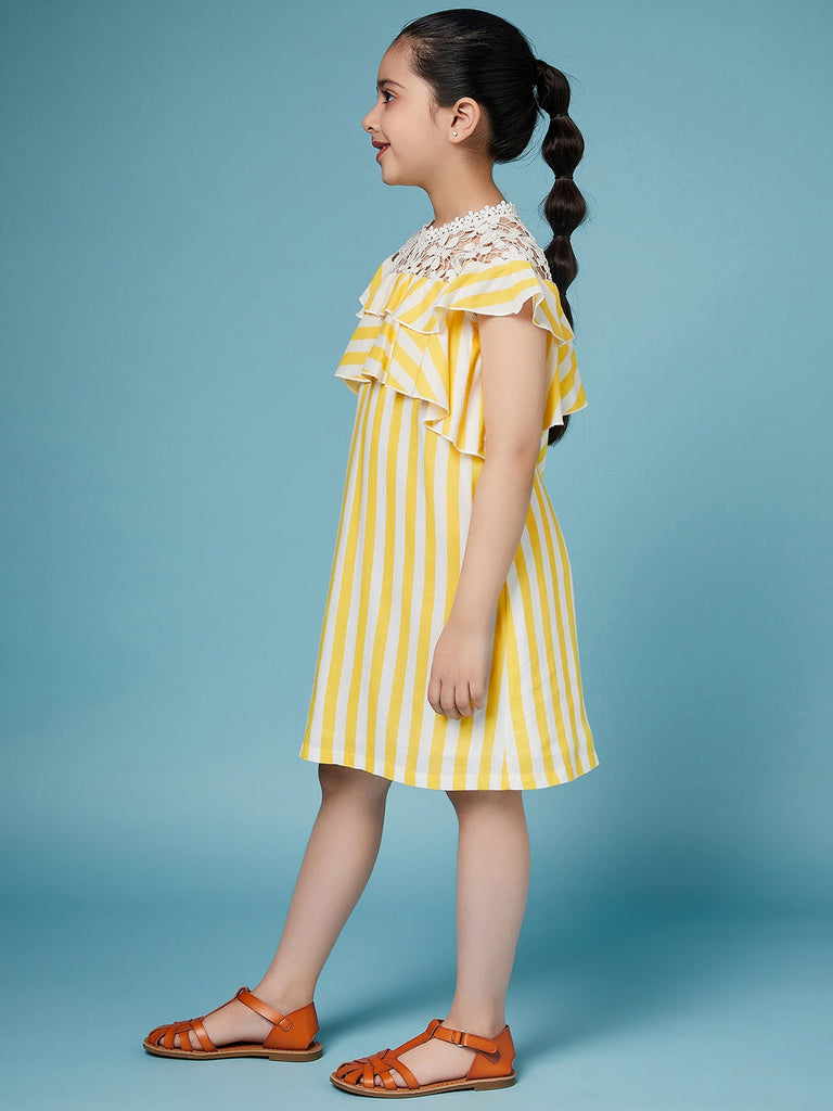 Girls Striped Ruffled Cotton A-Line Dress (d-yellowwh)