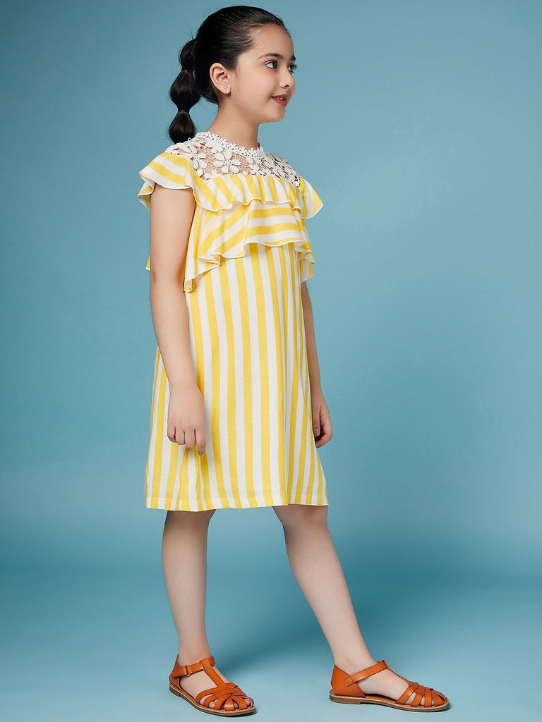 Girls Striped Ruffled Cotton A-Line Dress (d-yellowwh)
