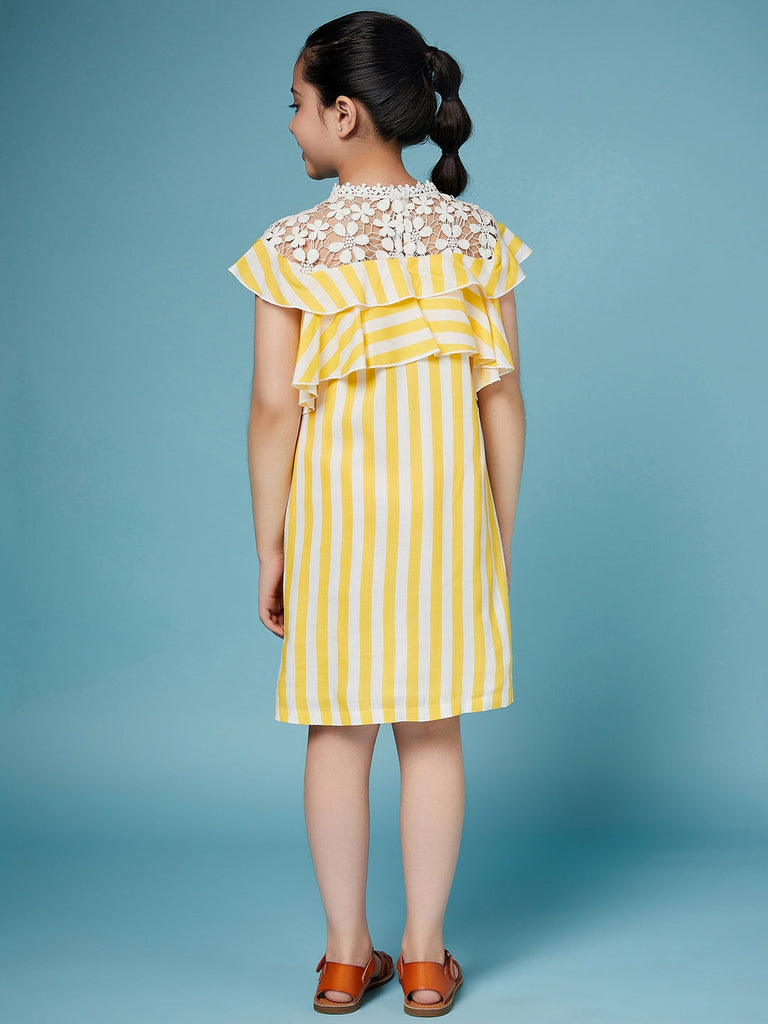 Girls Striped Ruffled Cotton A-Line Dress (d-yellowwh)