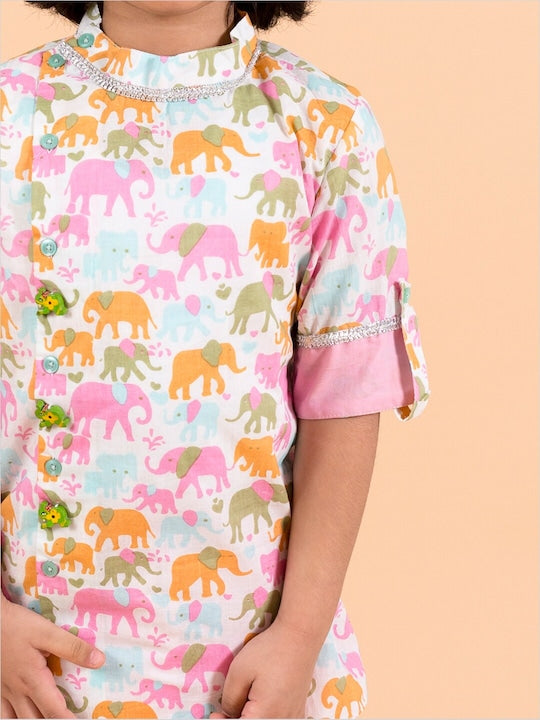 Pspeaches Kids-Boys Pink Floral Printed Pure Cotton Kurta With Trousers And Nehru Jacket (KP-PINK ELEPHANT)