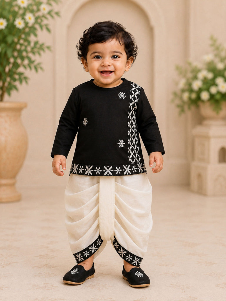 Pspeaches Baby Boy Black & White Ethnic Geometric Silk Angrakha Kurta With Dhoti Set