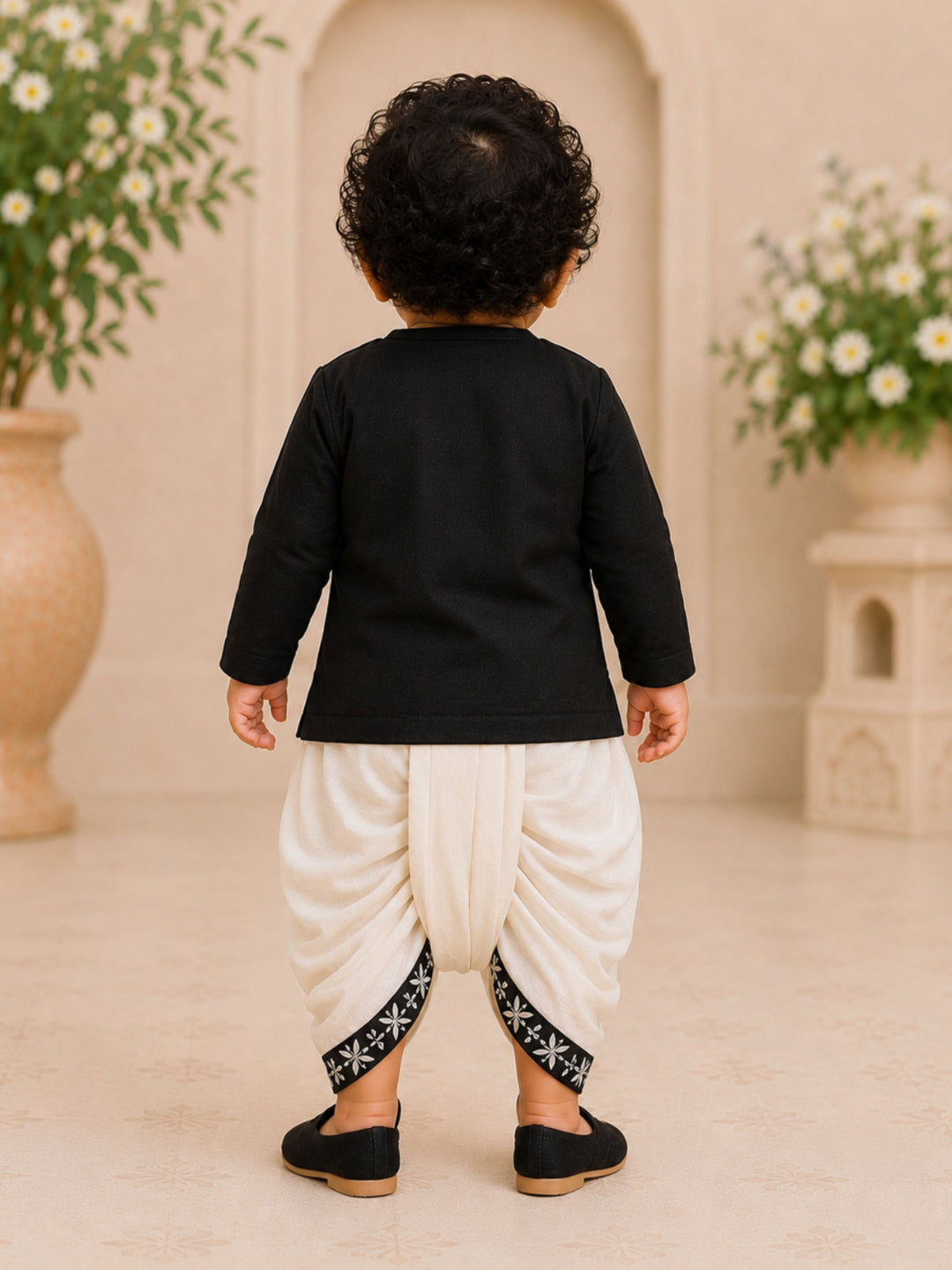 Pspeaches Baby Boy Black & White Ethnic Geometric Silk Angrakha Kurta With Dhoti Set