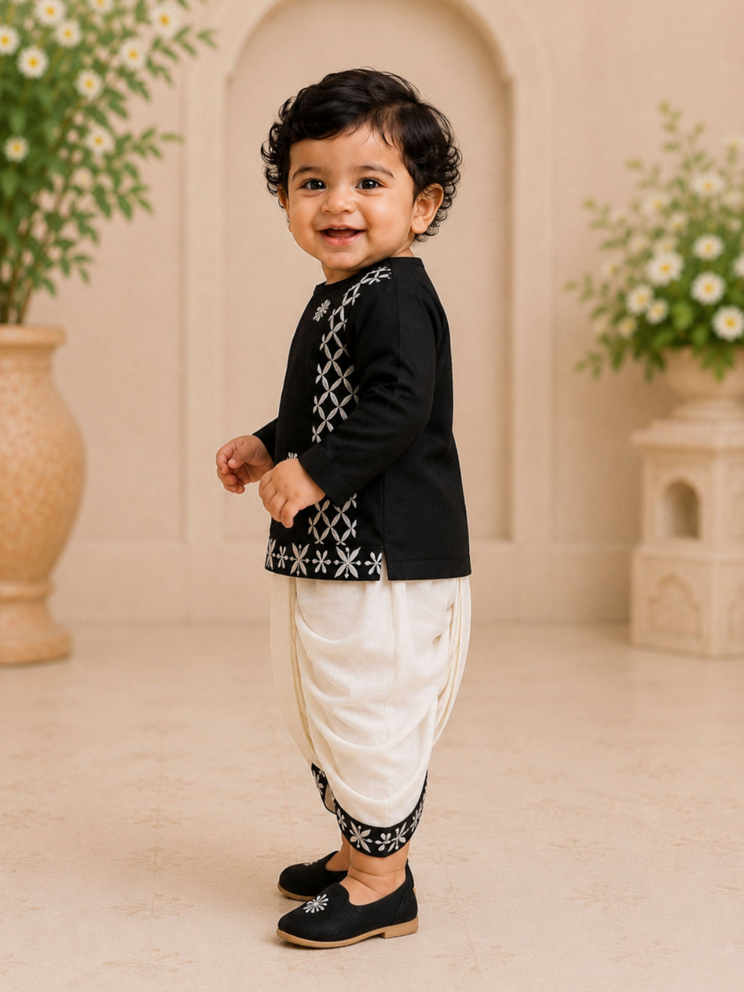 Pspeaches Baby Boy Black & White Ethnic Geometric Silk Angrakha Kurta With Dhoti Set