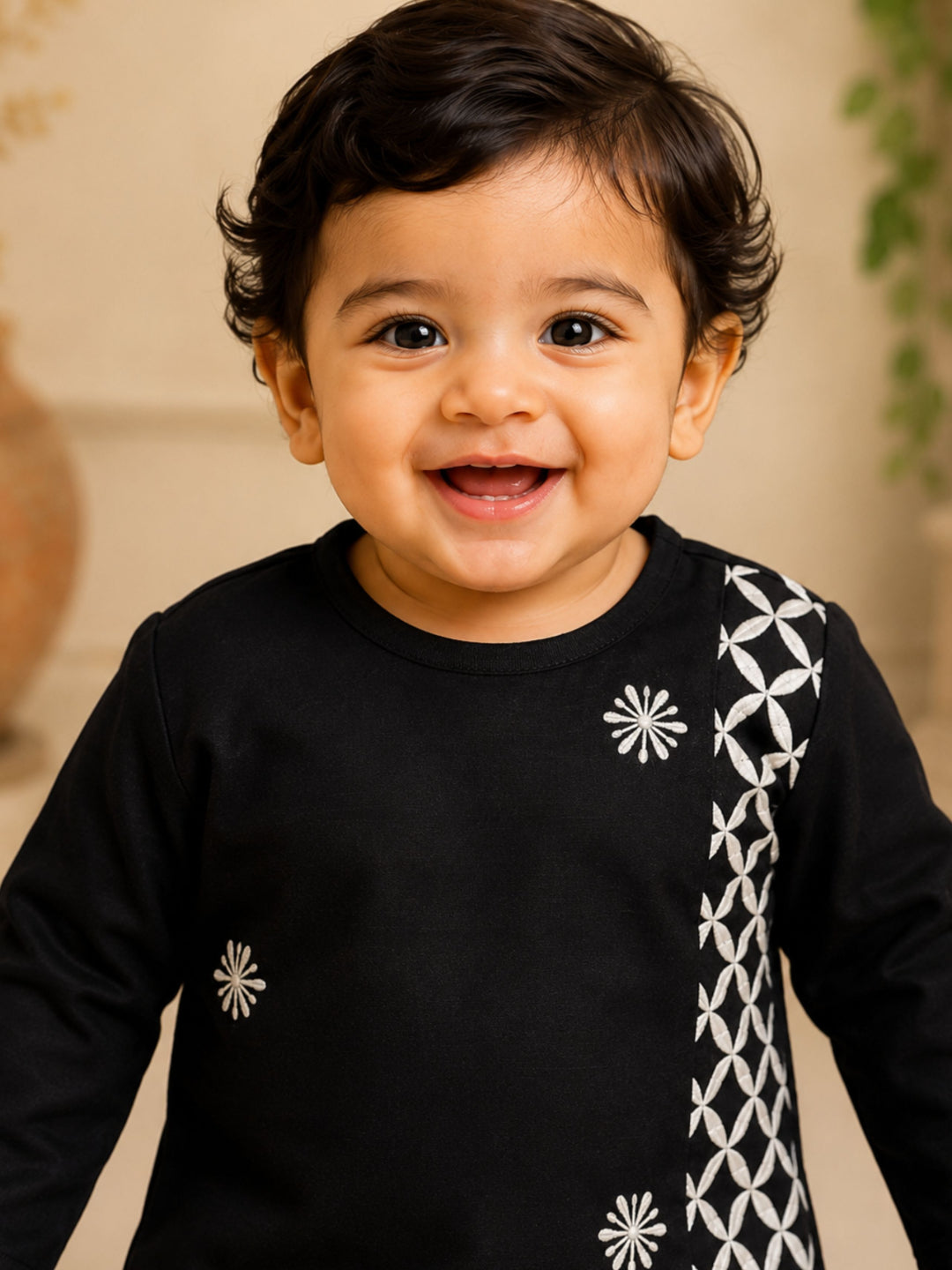 Pspeaches Baby Boy Black & White Ethnic Geometric Silk Angrakha Kurta With Dhoti Set