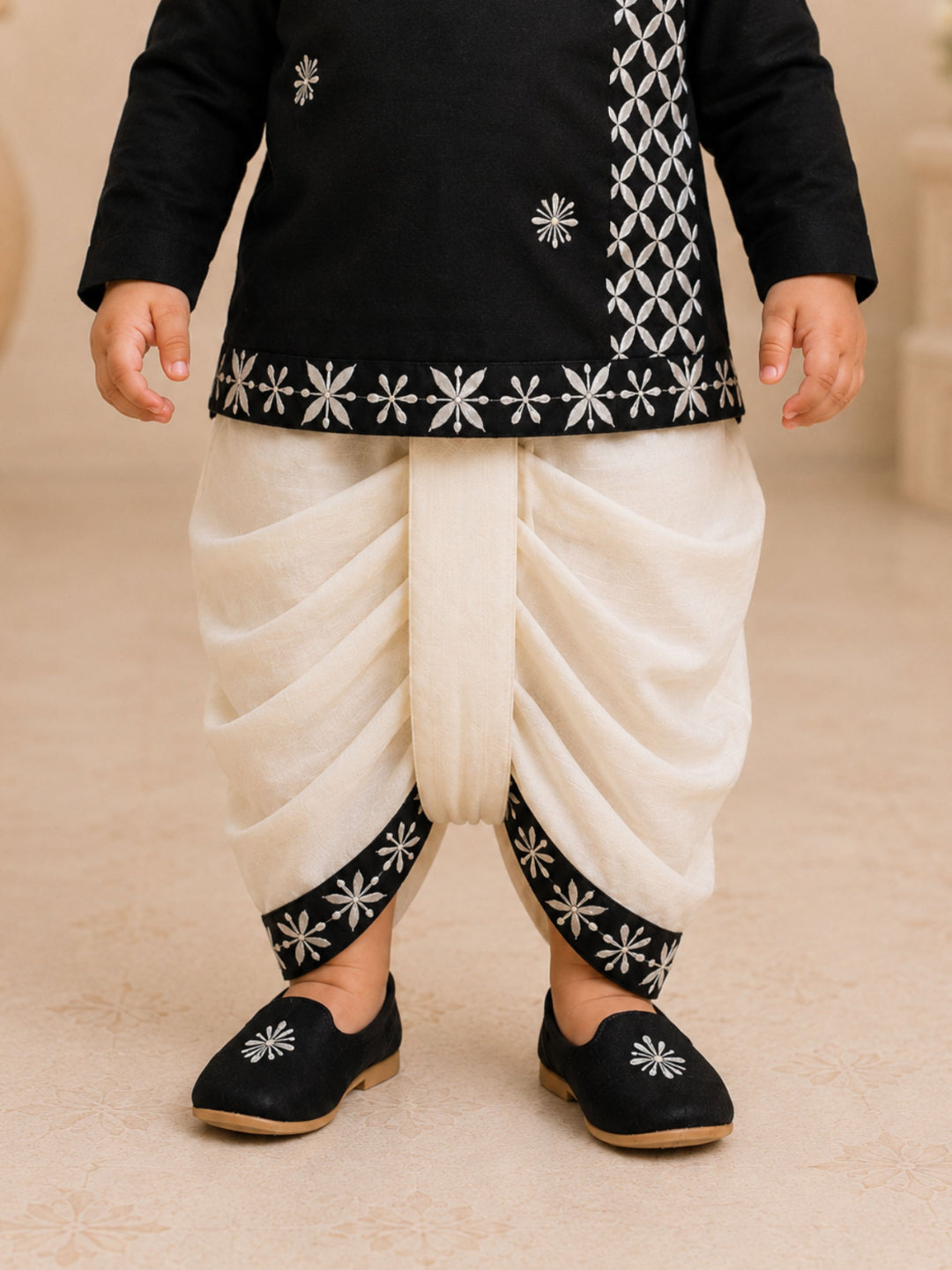 Pspeaches Baby Boy Black & White Ethnic Geometric Silk Angrakha Kurta With Dhoti Set