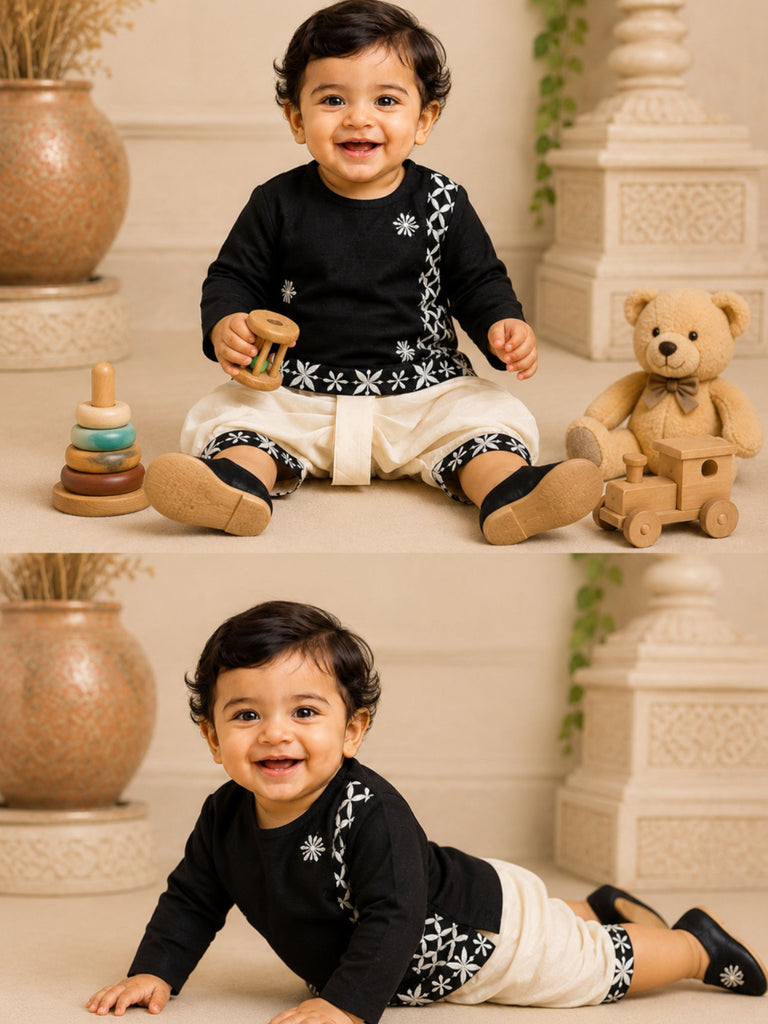 Pspeaches Baby Boy Black & White Ethnic Geometric Silk Angrakha Kurta With Dhoti Set