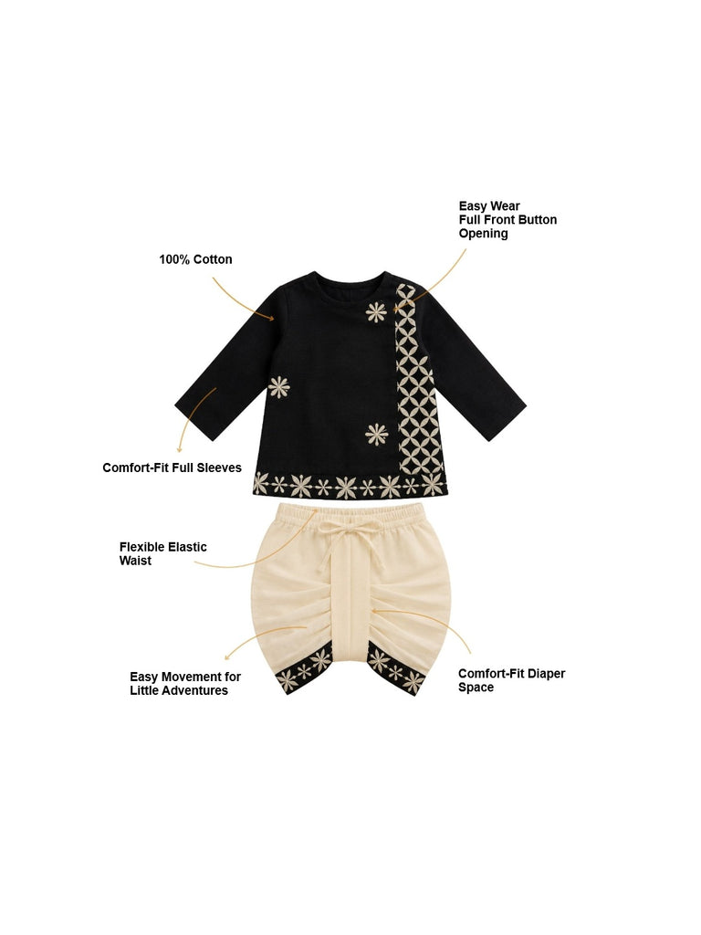 Pspeaches Baby Boy Black & White Ethnic Geometric Silk Angrakha Kurta With Dhoti Set ( Sku-Inb-Dh-Blackfloralemb )