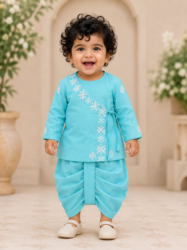 Pspeaches Baby Boy Blue Ethnic Asymmetrical Silk Angrakha Kurta With Dhoti Set