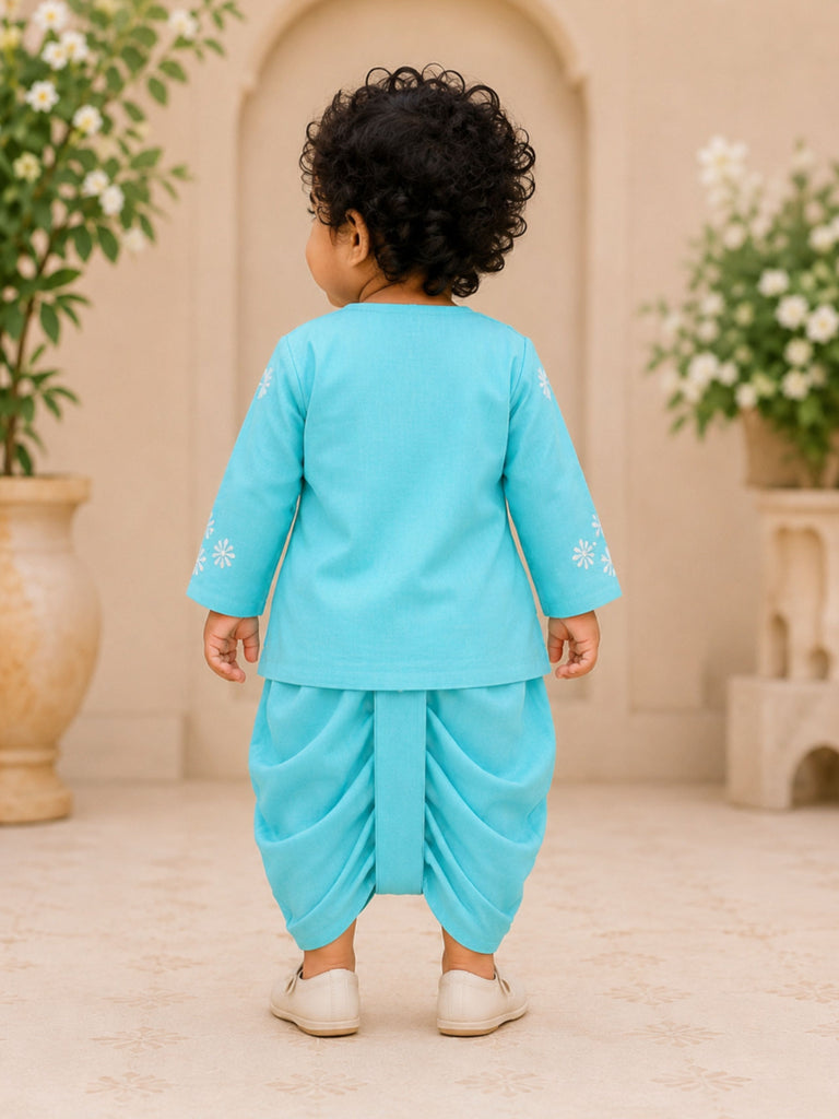 Pspeaches Baby Boy Blue Ethnic Asymmetrical Silk Angrakha Kurta With Dhoti Set
