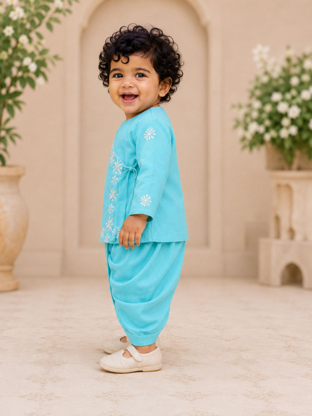 Pspeaches Baby Boy Blue Ethnic Asymmetrical Silk Angrakha Kurta With Dhoti Set