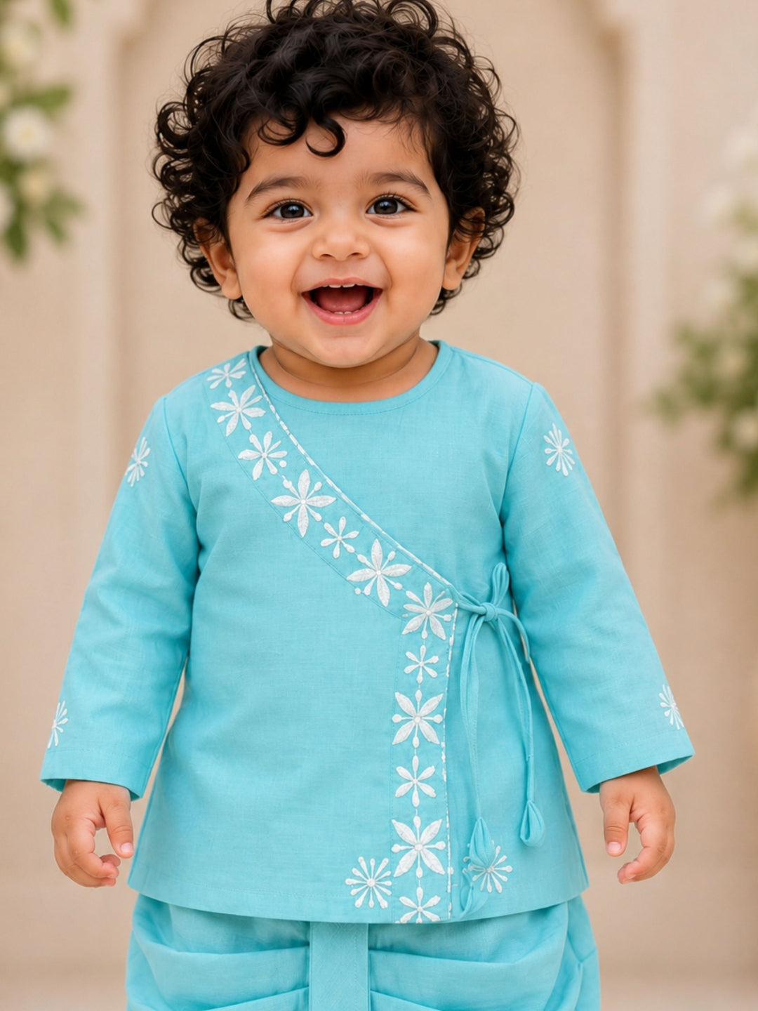Pspeaches Baby Boy Blue Ethnic Asymmetrical Silk Angrakha Kurta With Dhoti Set