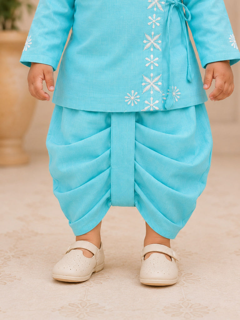 Pspeaches Baby Boy Blue Ethnic Asymmetrical Silk Angrakha Kurta With Dhoti Set