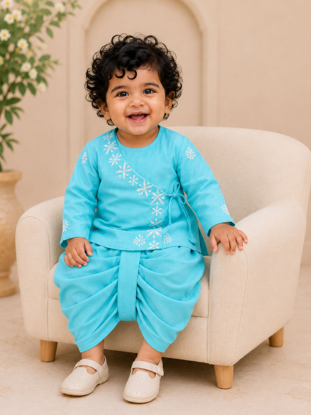Pspeaches Baby Boy Blue Ethnic Asymmetrical Silk Angrakha Kurta With Dhoti Set