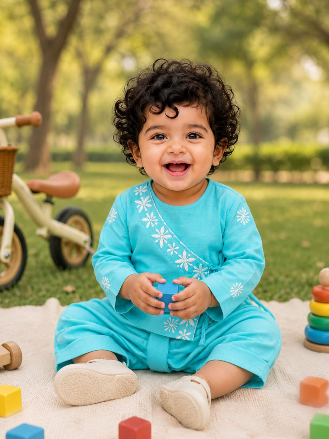 Pspeaches Baby Boy Blue Ethnic Asymmetrical Silk Angrakha Kurta With Dhoti Set