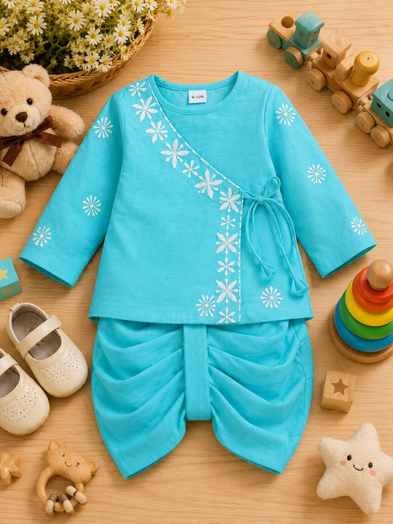 Pspeaches Baby Boy Blue Ethnic Asymmetrical Silk Angrakha Kurta With Dhoti Set
