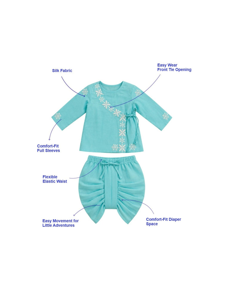Pspeaches Baby Boy Blue Ethnic Asymmetrical Silk Angrakha Kurta With Dhoti Set ( Sku-Inb-Dh-Bluefloralemb )