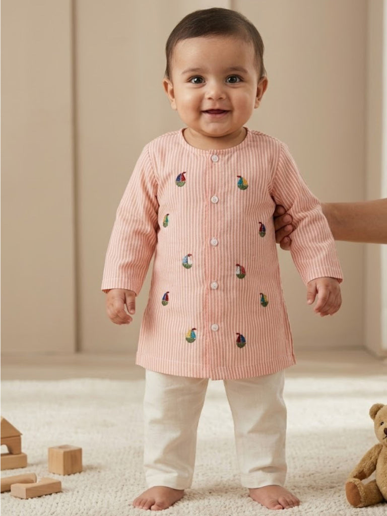 Pspeaches Baby Boy Peach & White Ethnic Stripe Cotton Straight Fit Kurta With Pyjama Set