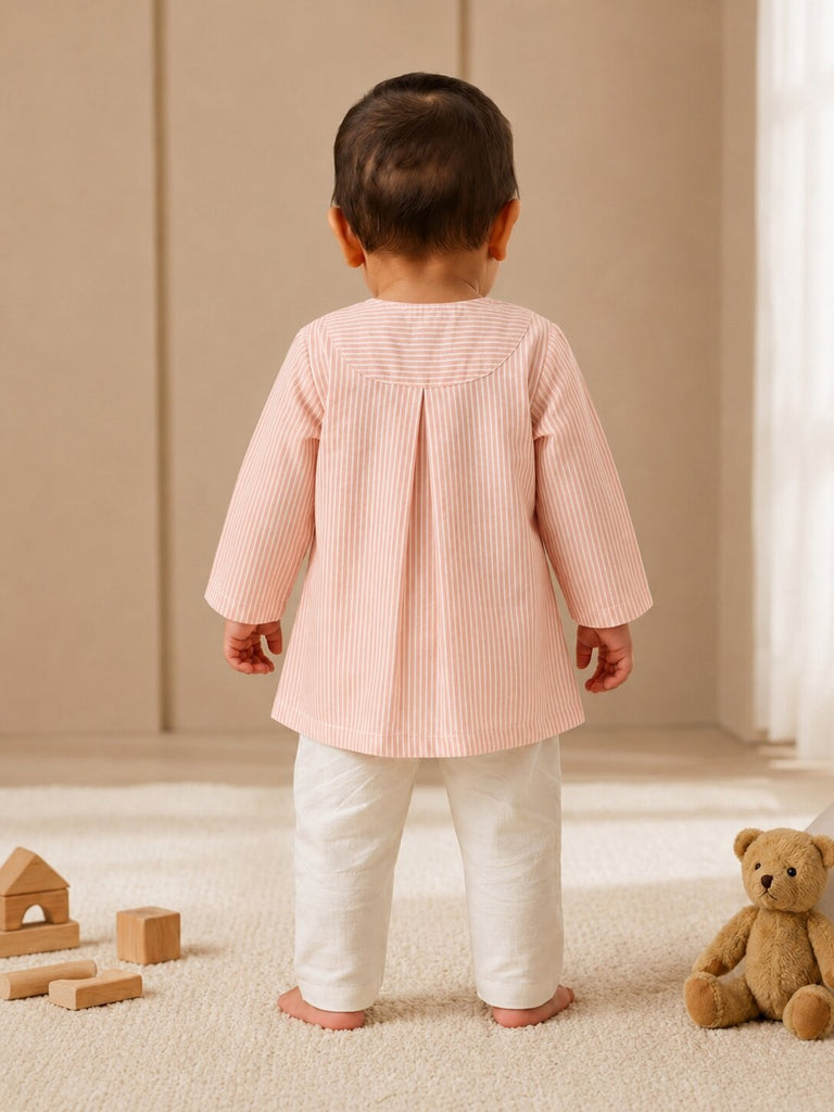 Pspeaches Baby Boy Peach & White Ethnic Stripe Cotton Straight Fit Kurta With Pyjama Set