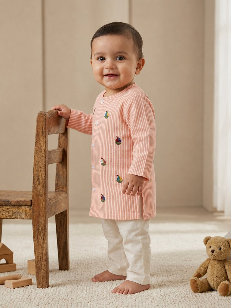 Pspeaches Baby Boy Peach & White Ethnic Stripe Cotton Straight Fit Kurta With Pyjama Set