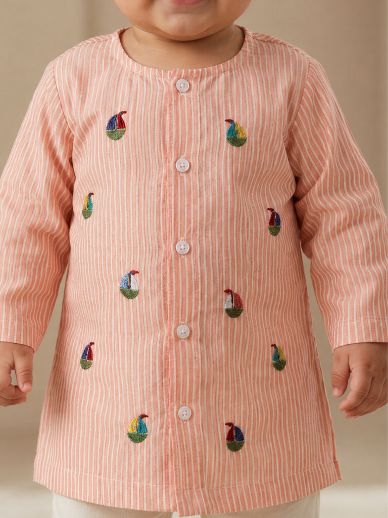 Pspeaches Baby Boy Peach & White Ethnic Stripe Cotton Straight Fit Kurta With Pyjama Set