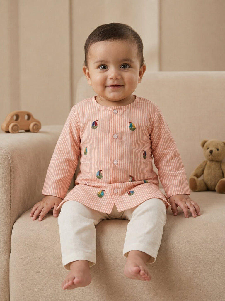 Pspeaches Baby Boy Peach & White Ethnic Stripe Cotton Straight Fit Kurta With Pyjama Set