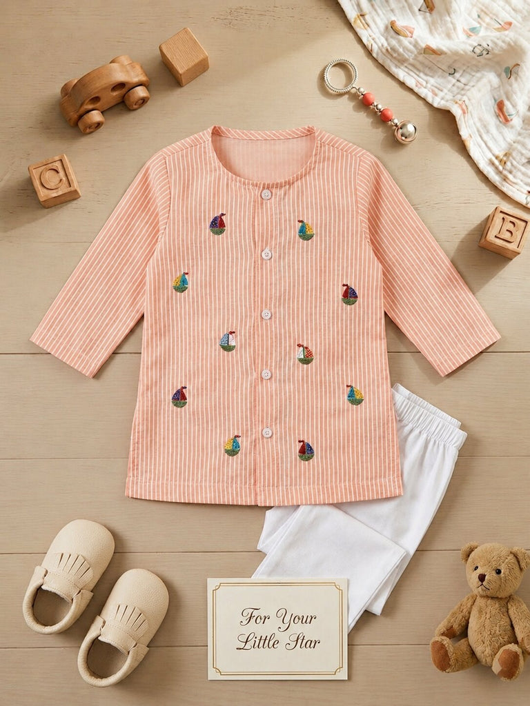 Pspeaches Baby Boy Peach & White Ethnic Stripe Cotton Straight Fit Kurta With Pyjama Set
