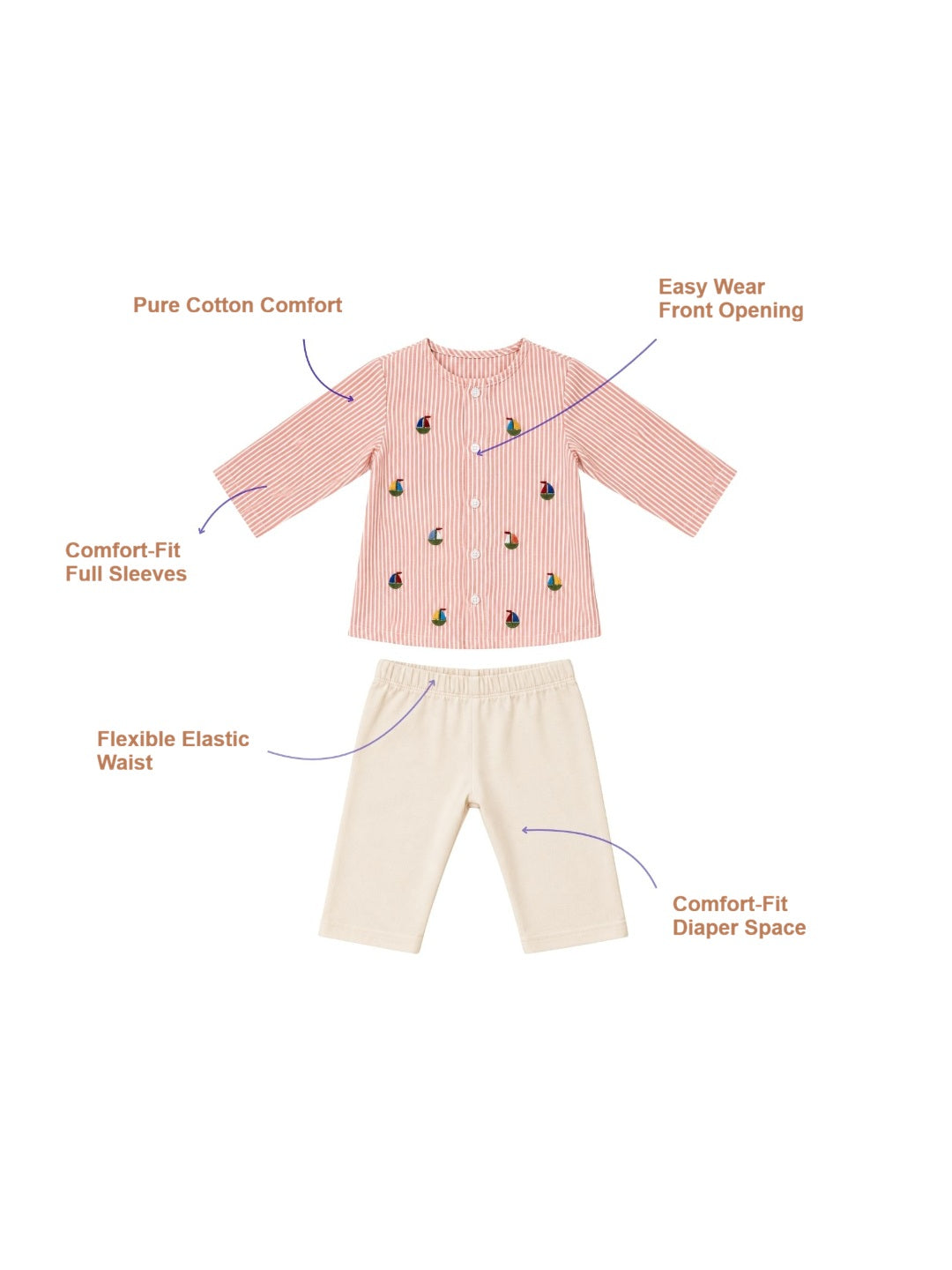 Pspeaches Baby Boy Peach & White Ethnic Stripe Cotton Straight Fit Kurta With Pyjama Set ( Sku-Inb-Kp-Boatembstripe )