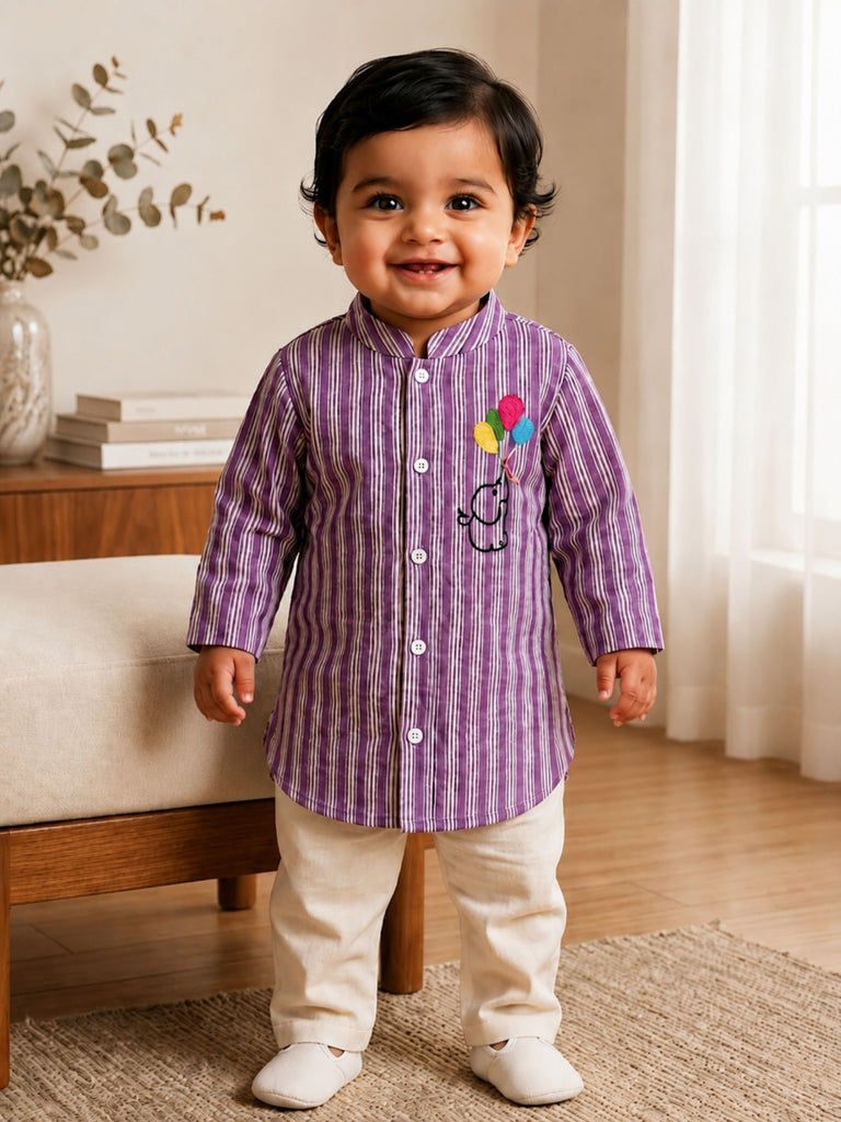 Pspeaches Baby Boy Purple & White Ethnic Stripe Cotton Straight Fit Kurta With Pyjama Set