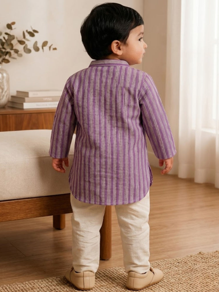 Pspeaches Baby Boy Purple & White Ethnic Stripe Cotton Straight Fit Kurta With Pyjama Set
