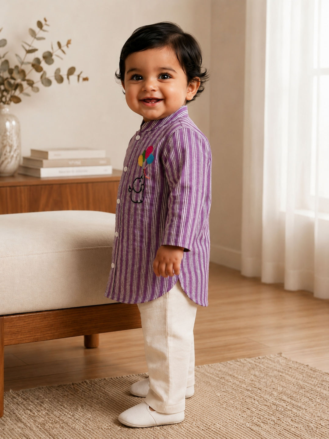 Pspeaches Baby Boy Purple & White Ethnic Stripe Cotton Straight Fit Kurta With Pyjama Set