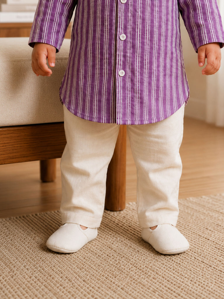 Pspeaches Baby Boy Purple & White Ethnic Stripe Cotton Straight Fit Kurta With Pyjama Set