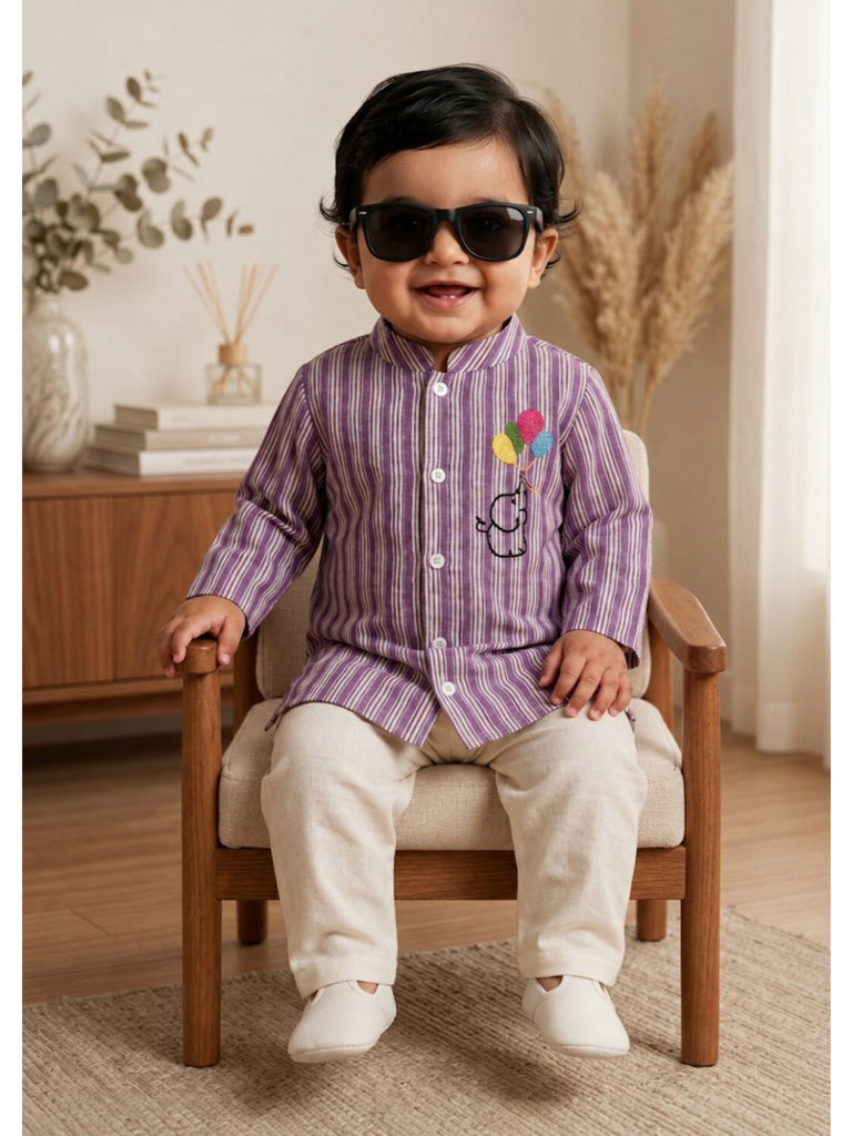 Pspeaches Baby Boy Purple & White Ethnic Stripe Cotton Straight Fit Kurta With Pyjama Set