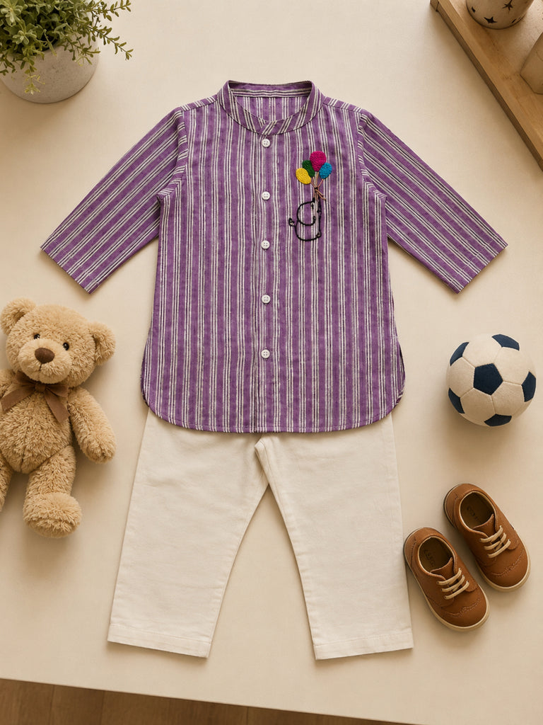 Pspeaches Baby Boy Purple & White Ethnic Stripe Cotton Straight Fit Kurta With Pyjama Set