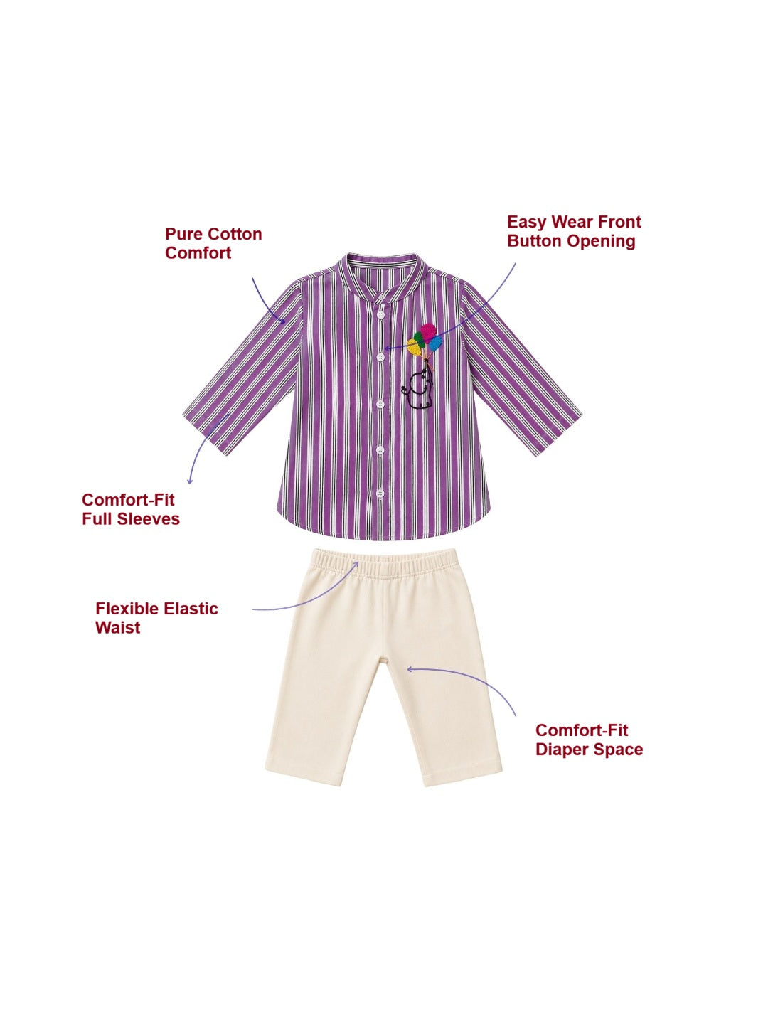 Pspeaches Baby Boy Purple & White Ethnic Stripe Cotton Straight Fit Kurta With Pyjama Set ( Sku-Inb-Kp-Lavenderstripe )