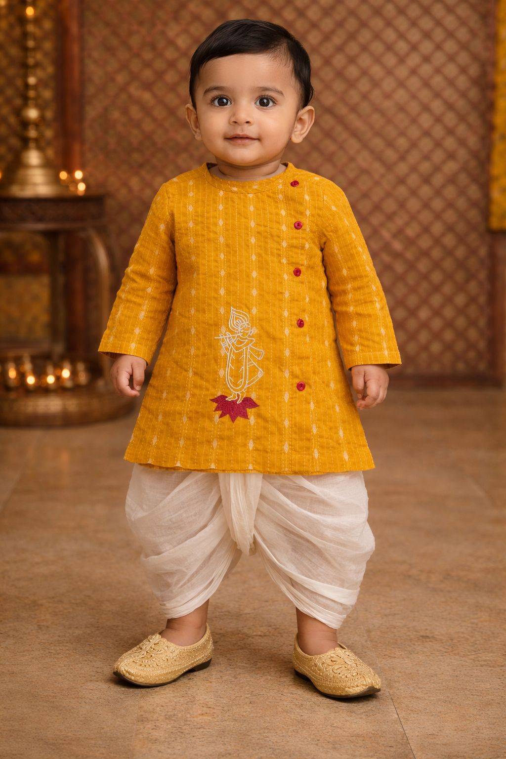 Pspeaches Baby Boys Yellow & White Embroidered Cotton Dobby Straight Fit Kurta With Dhoti Pant ( Sku-Inb-Yellowkrishna )