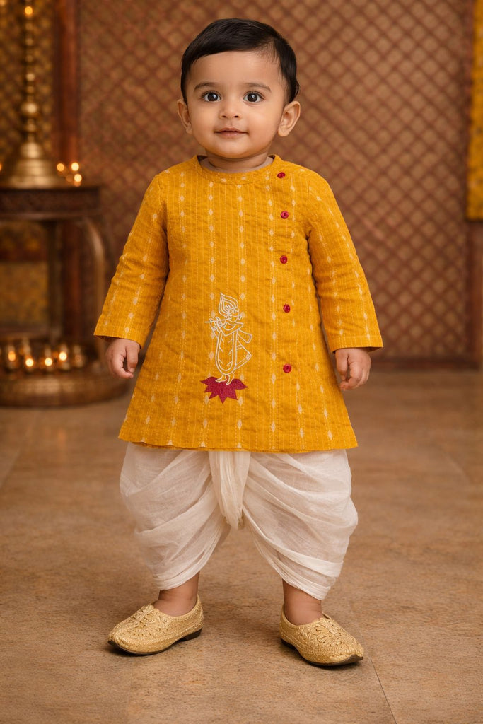 Pspeaches Baby Boys Yellow & White Embroidered Cotton Dobby Straight Fit Kurta With Dhoti Pant ( Sku-Inb-Yellowkrishna )