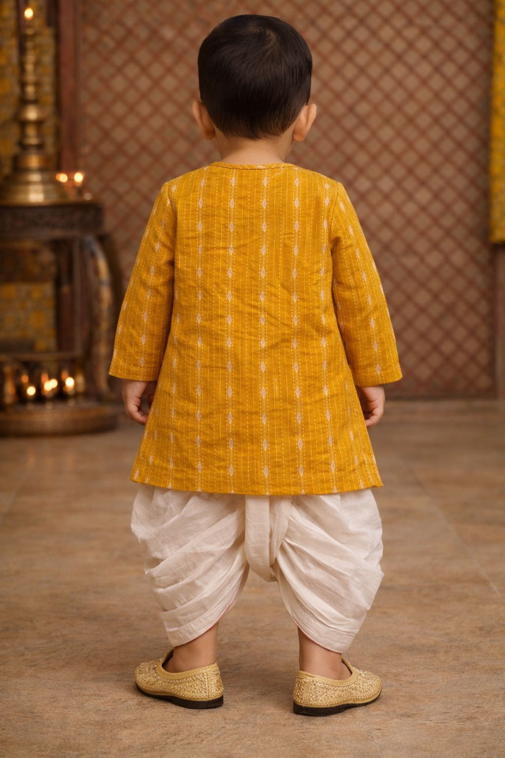 Pspeaches Baby Boys Yellow & White Embroidered Cotton Dobby Straight Fit Kurta With Dhoti Pant ( Sku-Inb-Yellowkrishna )
