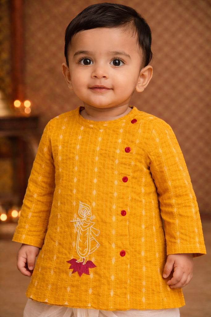Pspeaches Baby Boys Yellow & White Embroidered Cotton Dobby Straight Fit Kurta With Dhoti Pant ( Sku-Inb-Yellowkrishna )