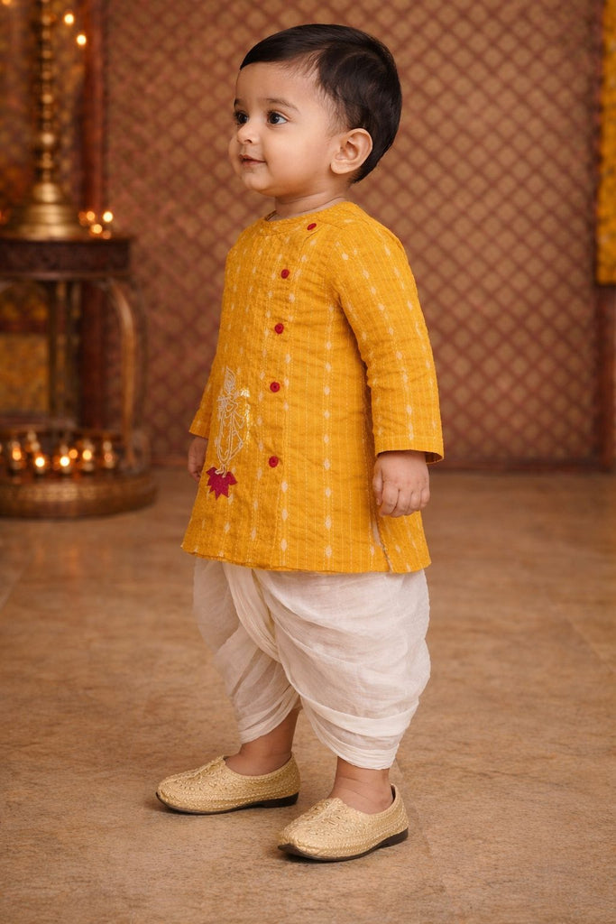 Pspeaches Baby Boys Yellow & White Embroidered Cotton Dobby Straight Fit Kurta With Dhoti Pant ( Sku-Inb-Yellowkrishna )