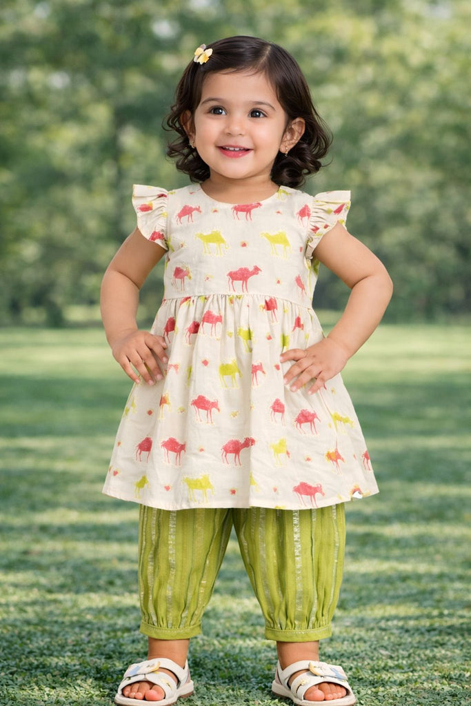 Pspeaches Baby Girls Beige & Green Ethnic Camel Print Cotton A-Line Kurta & Pant Set ( Sku-Ing-Camel )